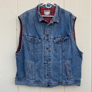 Vintage Lee Trucker Biker Denim Vest Lined Red Plaid Flannel Button Front Y2K